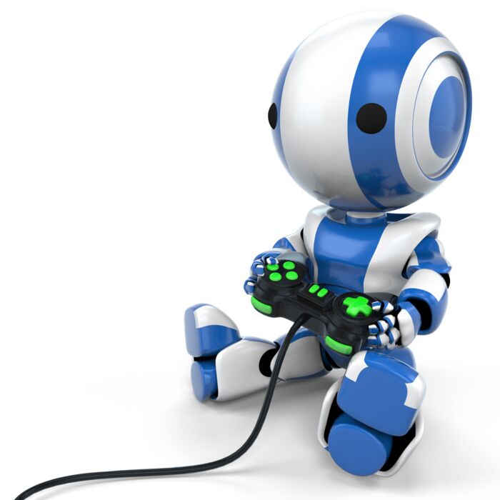 Blue Robot Holding Video Game Controller - ID # 11854929