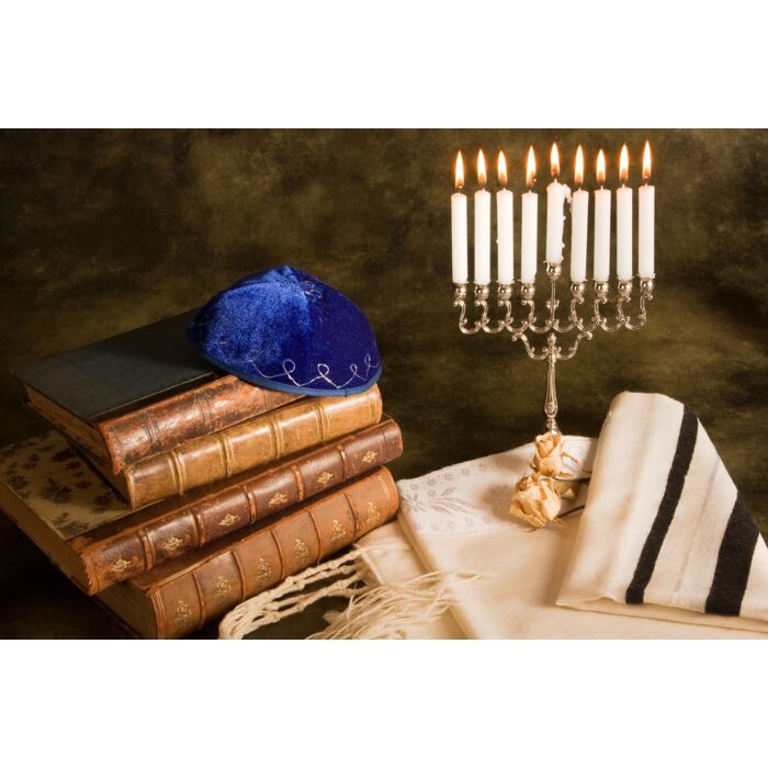 Bible - Prayer Shawl - Yarmulke And Menorah - ID # 18915767