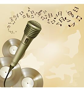 Music symbols and vinyl disks background microphone musical equipment print - ID # 191790758