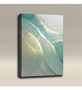 AcousticART Curated Abstract Art Collection #A3P2 Fluid Art Liquid Gold and Aqua - Size: 36" L x 24" W x 2" - Portrait