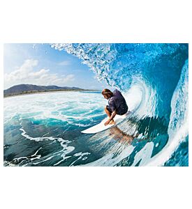 Surfer On Blue Ocean Wave In The Tube Getting Barreled - ID # 117660574